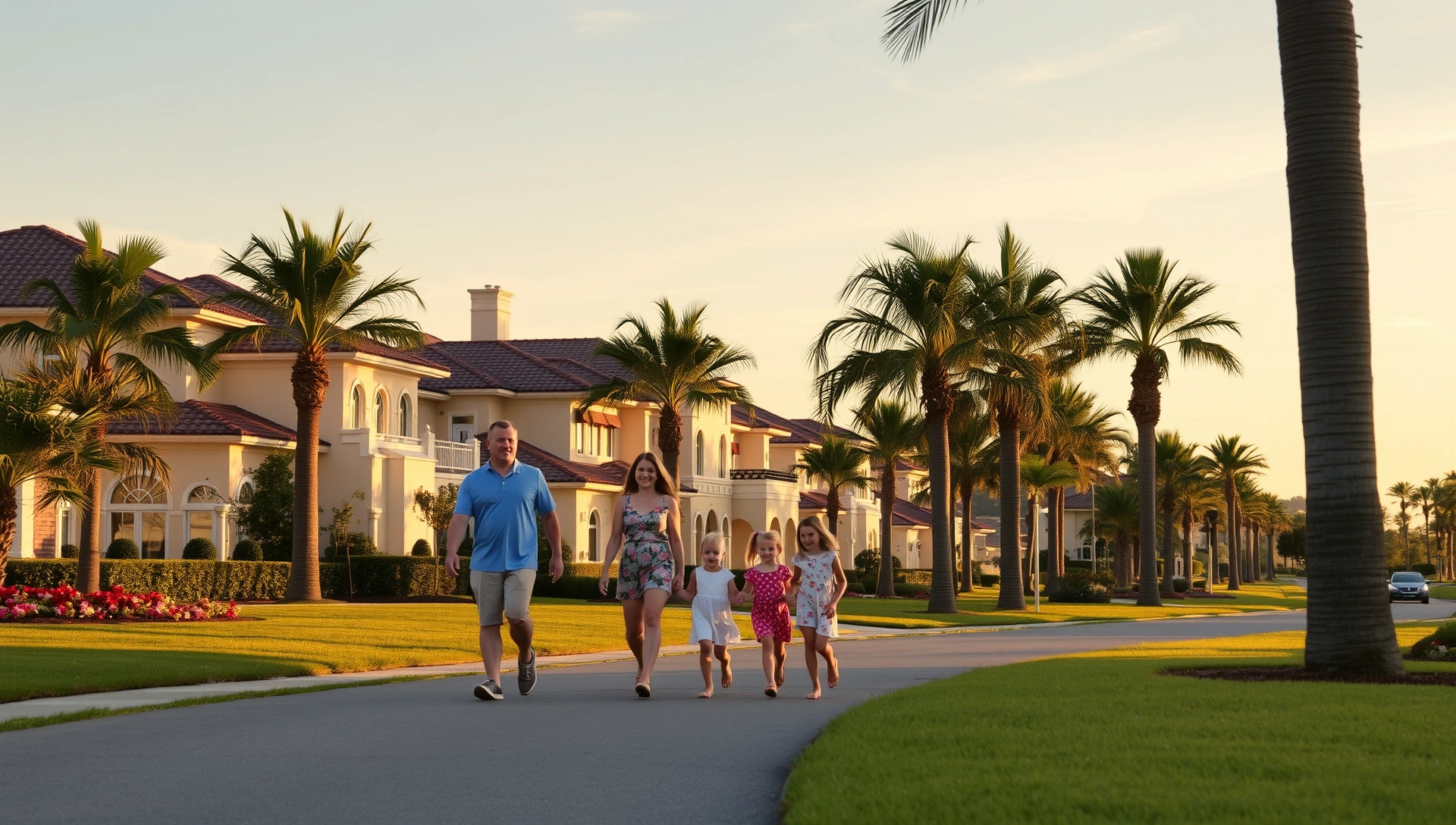 Families enjoying the tree-lined boulevards of Avenir community at sunset