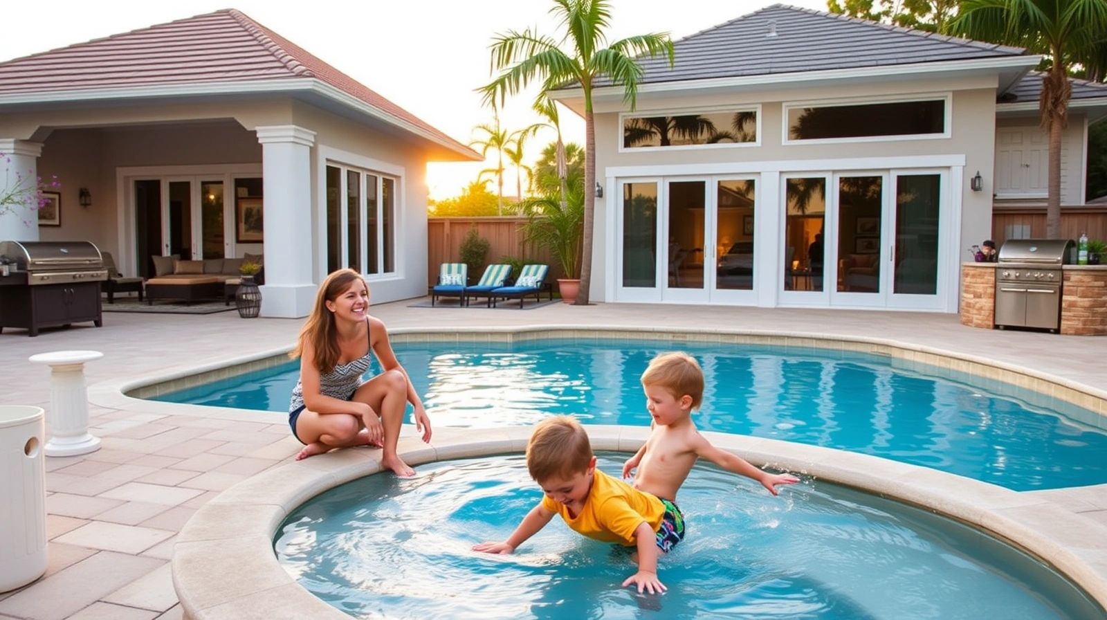 Family enjoying their backyard oasis in Avenir
